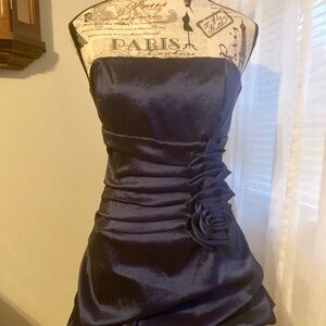 Navy Blue Strapless Bubble Dress With Rosette Accent